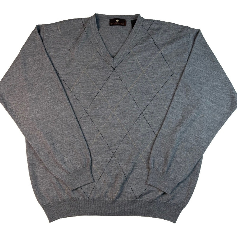 Toscano Men XXL Merino Wool Argyle Sweater Gray V Neck Made In Italy Preppy